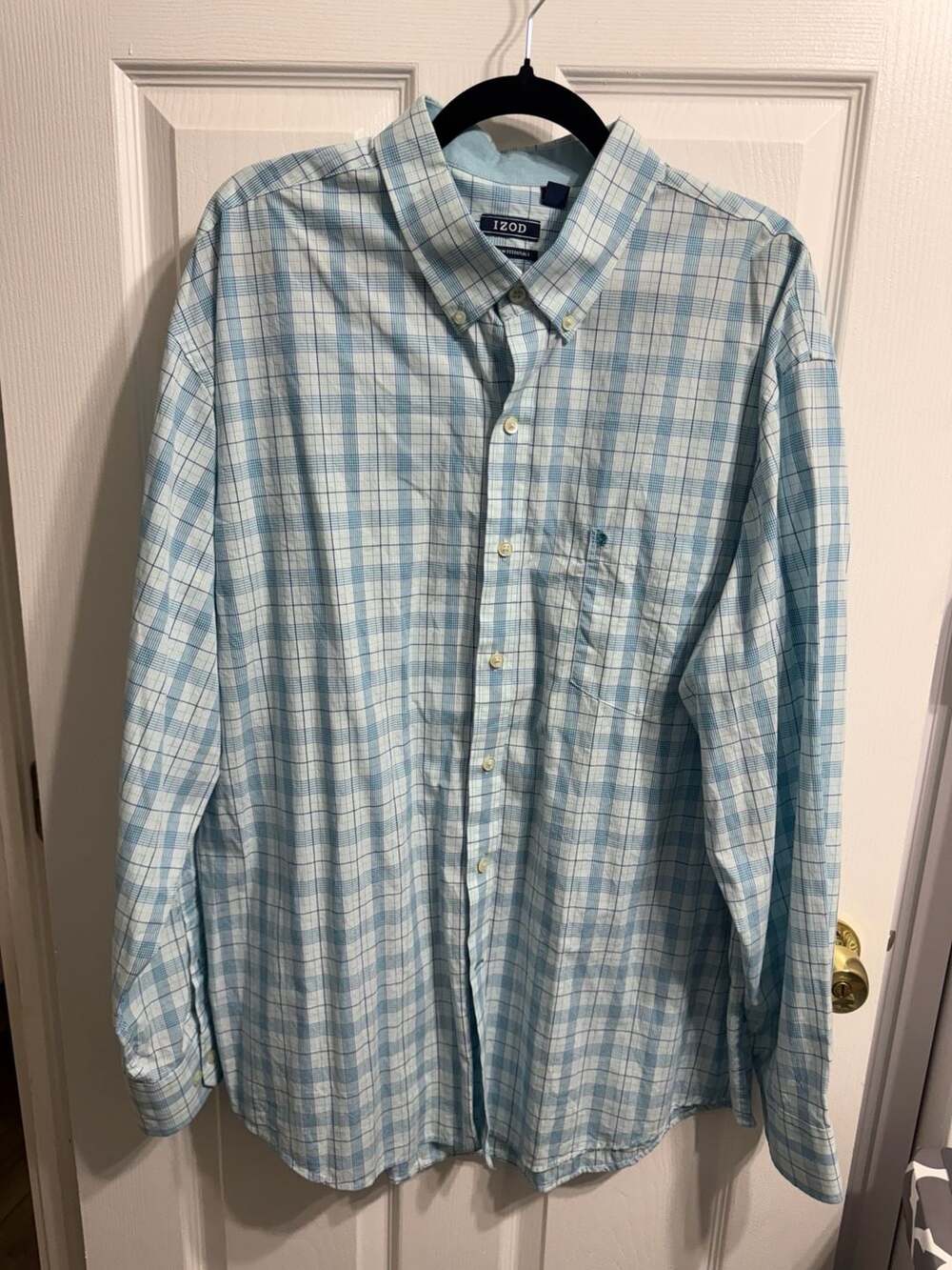 IZOD Premium Essentials Long Sleeve Plaid Button Down Shirt Size XXL Blue